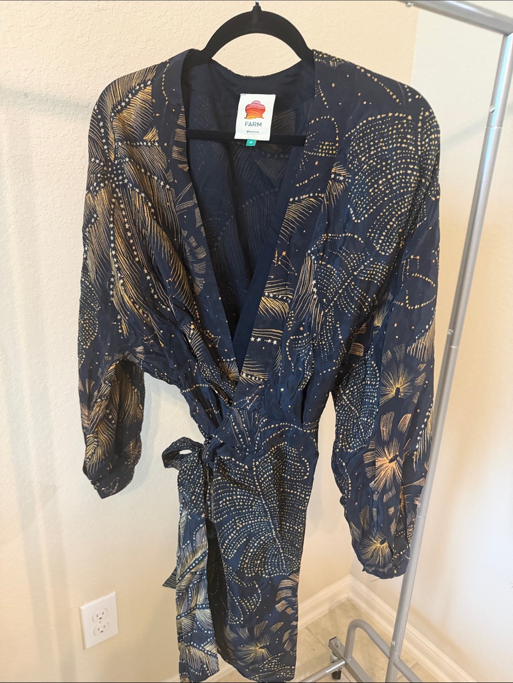 Farm Rio black and Gold wrap dress with florals,stars, small rhinestones